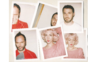 Download Foto: Eine Collage aus sechs Polaroids: Zwei Männer, einer in Rot, eine Frau mit rosa Oberteil und welligem blondem Haar.