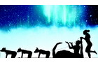 Download Foto: Scherenschnitt von Schlittenhunden und Menschen vor Polarlichtern am Nachthimmel.