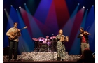 Download Foto: Eine Band spielt auf einer Bühne mit bunter Beleuchtung. Musiker spielen Gitarre, Schlagzeug, Akkordeon und Geige.
