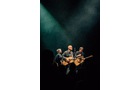 Download Foto: Drei Musiker spielen auf einer Bühne mit akustischen Gitarren, im Hintergrund strahlt blaues Licht durch den Rauch.