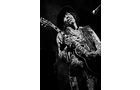 Download Foto: Musiker in schwarz-weiß, spielt E-Gitarre auf der Bühne. Trägt Hut und gemustertes Hemd, Mikrofon im Hintergrund.