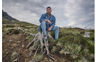 Download Foto: Ein Mann in Jeans und Jeansjacke sitzt auf Baumwurzeln in einer grünen, hügeligen Landschaft unter bewölktem Himmel.
