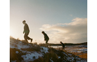 Download Foto: Drei Personen wandern bei Sonnenuntergang einen schneebedeckten Hügel hinauf, umgeben von einer weiten, wolkigen Landschaft.