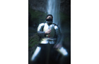 Download Foto: Eine Person in glänzender Rüstung steht unter einem Wasserfall. Die Umgebung ist dunkel und neblig.