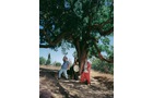 Download Foto: Zwei Personen lehnen an einem großen Baum in einer sonnigen Landschaft. Eine Person trägt Rot, die andere Blautöne.