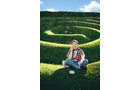 Download Foto: Person sitzt auf Gras in ringsum geschnittenem Labyrinth, bei sonnigem Himmel.