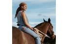 Download Foto: Person in Jeans und Weste reitet auf einem braunen Pferd vor einem blauen Himmel.