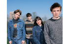 Download Foto: Vier junge Erwachsene stehen im Freien, teils mit Jeans- und Strickkleidung, vor einem blauen Himmel und kargen Bäumen.