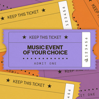 Illustration mehrerer Konzerttickets, im Vordergrund ein lilafarbenes Ticket mit der Aufschrift „Music event of your choice“.